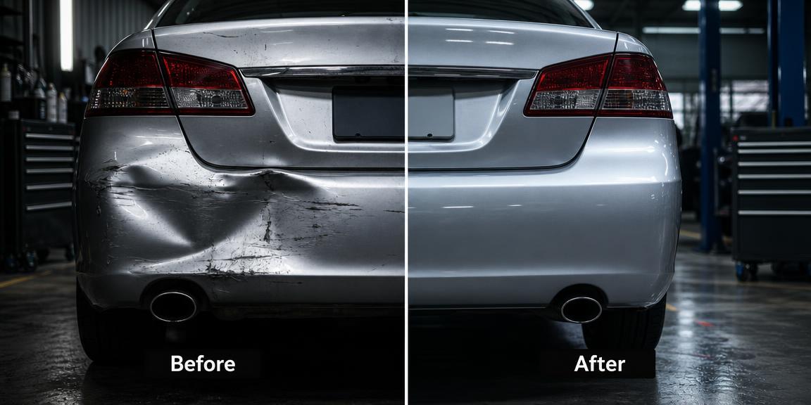 Before and after collision repair on a silver sedan bumper