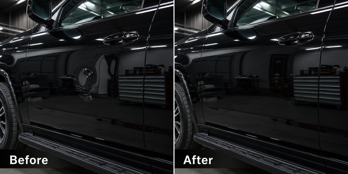 Before and after dent removal on a black SUV door