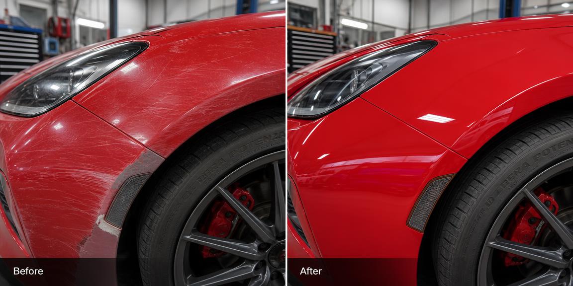 Before and after precision paint matching on a red sports car fender
